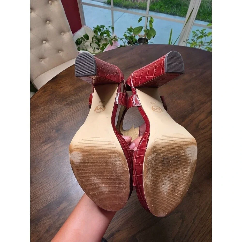 Michael Kors Red Croc Embossed T-Strap High Heel Sandals 9.5M